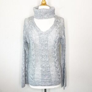 Hummingbird Cable Knit Cut Out Collar Turtle V-neck Combo Gray Sweater S